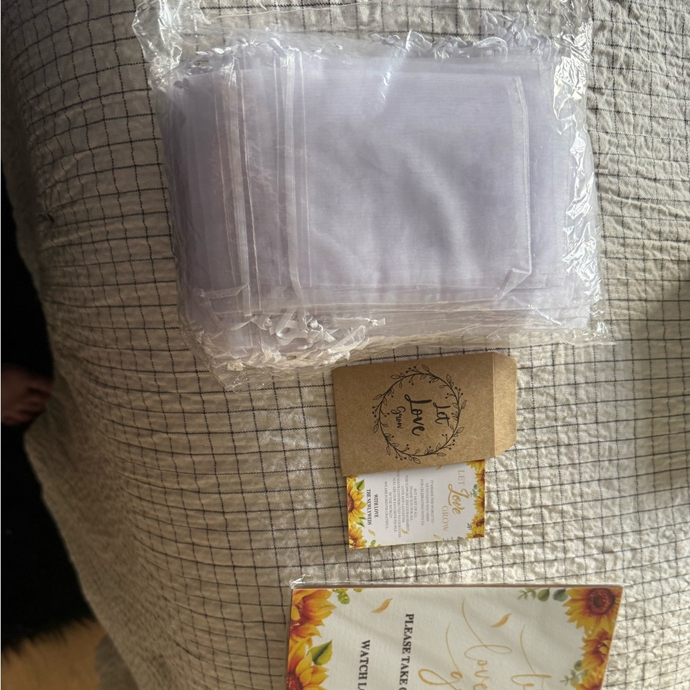 White Organza Gift Bags and seed packet with sunflower cards